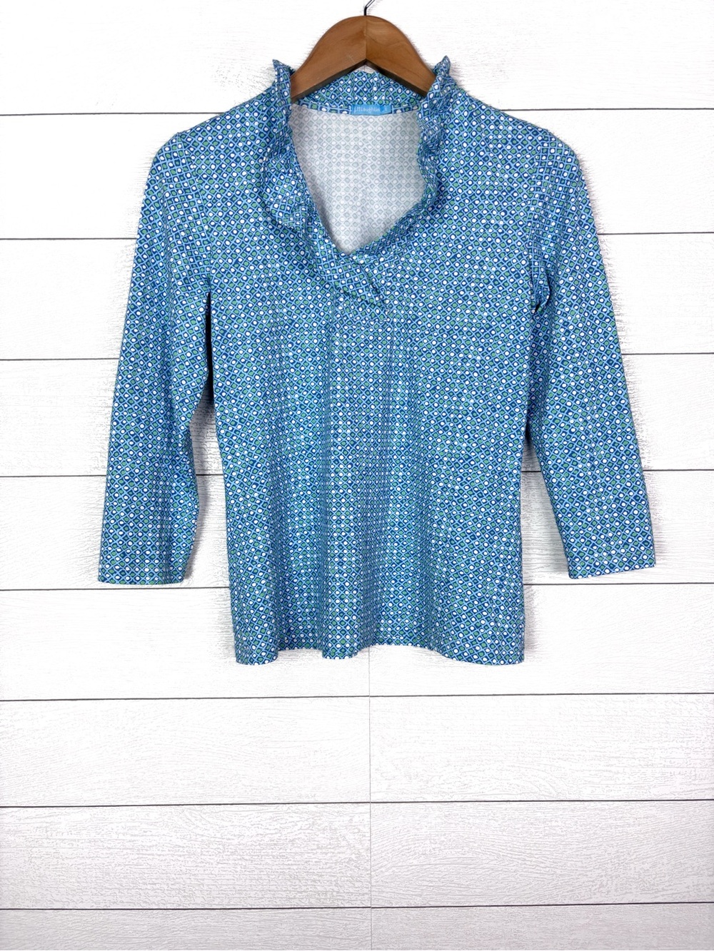 J McLaughlin Ruffle Neck Durham Top Blue Green Geometric Print Small